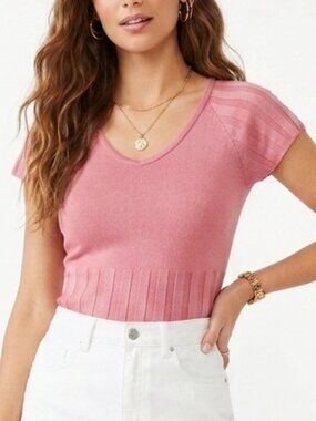 Vintage Y2K Pink Ribbed Knit Top Short Sleeve Tee Womens Soft Stretch Cute Girly